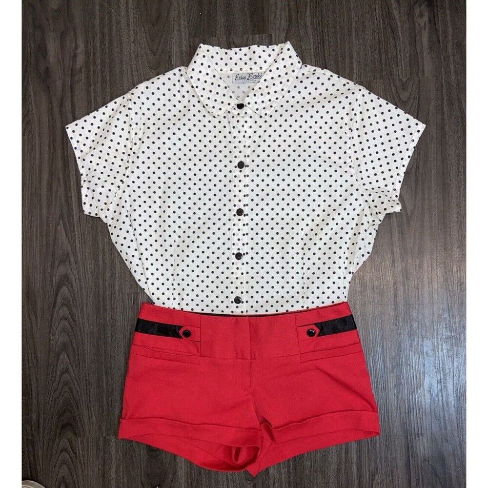 Erica Brooke Stretch Women's Plus Size 14 White w/Black Polka Dot Crop Blouse